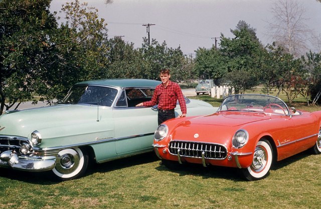 Race car driver Dave MacDonald with his 1953 Cadillac and 1955 Corvette